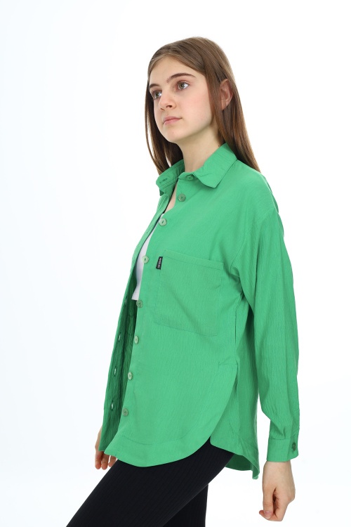 Yeşil Kalp Baskılı Yırtmaç Detaylı Kız Çocuk Düğmeli Gömlek 18428