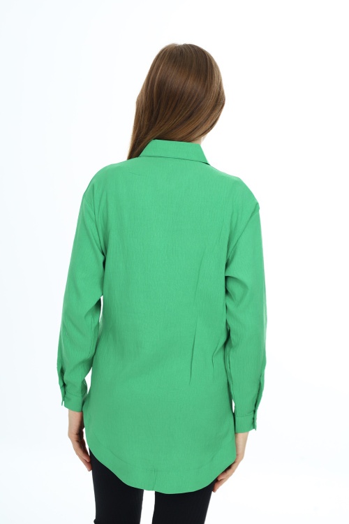 Yeşil Kalp Baskılı Yırtmaç Detaylı Kız Çocuk Düğmeli Gömlek 18428