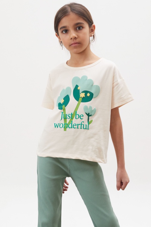 Yeşil Lale Baskılı İspanyol Paça Fitilli Taytlı Kız Çocuk Takım 17995