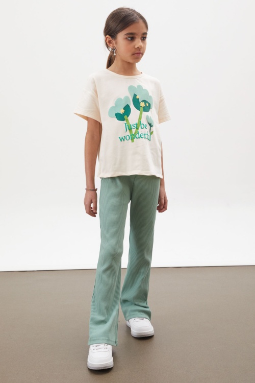 Yeşil Lale Baskılı İspanyol Paça Fitilli Taytlı Kız Çocuk Takım 17995