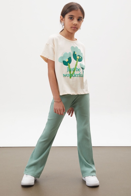 Yeşil Lale Baskılı İspanyol Paça Fitilli Taytlı Kız Çocuk Takım 17995