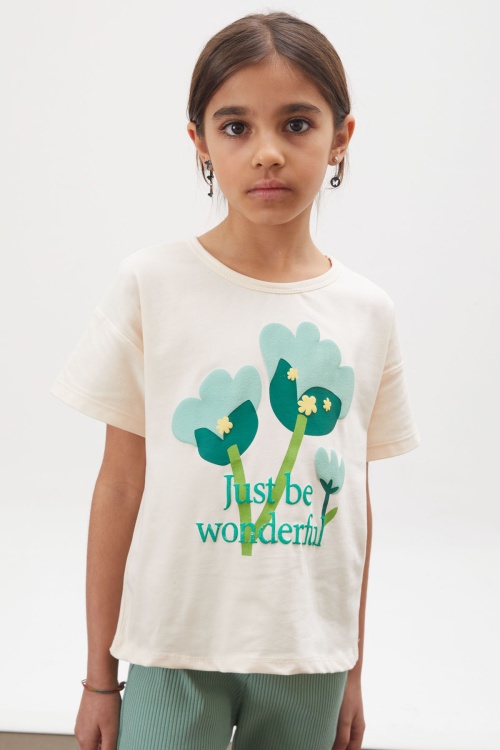 Yeşil Lale Baskılı İspanyol Paça Fitilli Taytlı Kız Çocuk Takım 17995