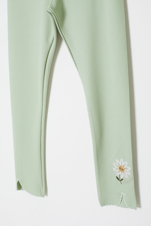 Yeşil Papatya Nakışlı Fitilli Kız Çocuk Yırtmaçlı Tayt 18145