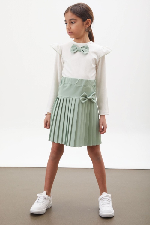 Yeşil Piliseli Etekli Uzun Kol Badili Kız Çocuk Elbise Takımı 17743