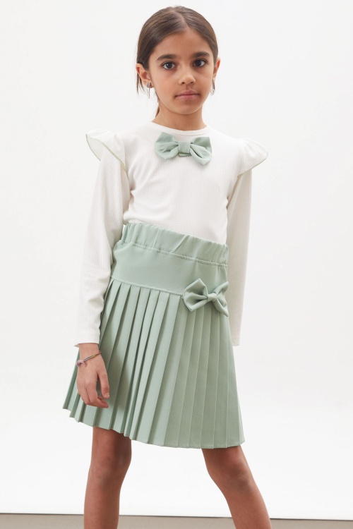 Yeşil Piliseli Etekli Uzun Kol Badili Kız Çocuk Elbise Takımı 17743