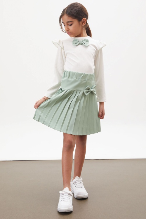 Yeşil Piliseli Etekli Uzun Kol Badili Kız Çocuk Elbise Takımı 17743