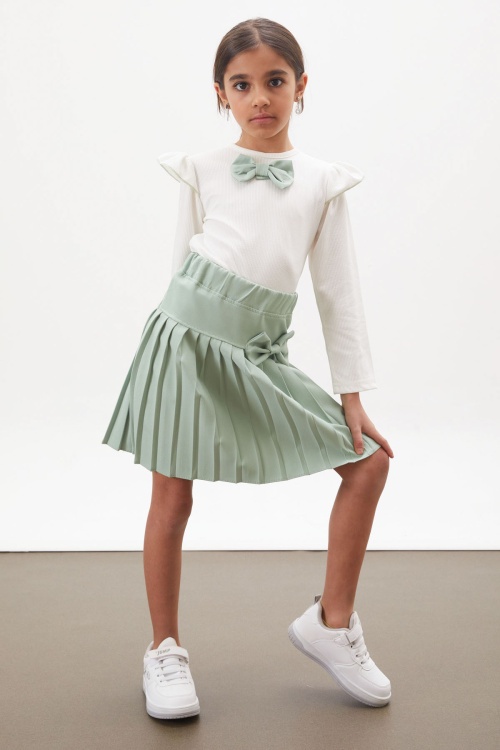 Yeşil Piliseli Etekli Uzun Kol Badili Kız Çocuk Elbise Takımı 17743