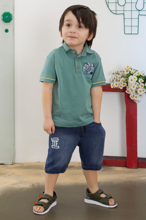 Yeşil Skate Baskılı Polo Yaka Erkek Çocuk Jean Şortlu Takım 18746