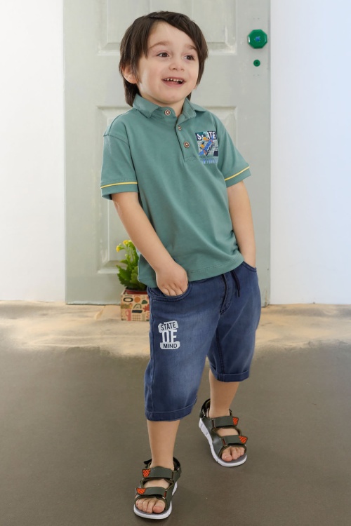 Yeşil Skate Baskılı Polo Yaka Erkek Çocuk Jean Şortlu Takım 18746
