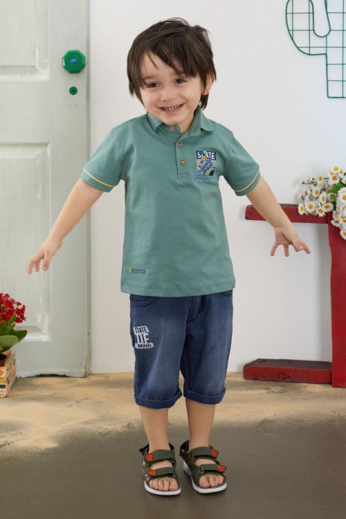 Yeşil Skate Baskılı Polo Yaka Erkek Çocuk Jean Şortlu Takım 18746