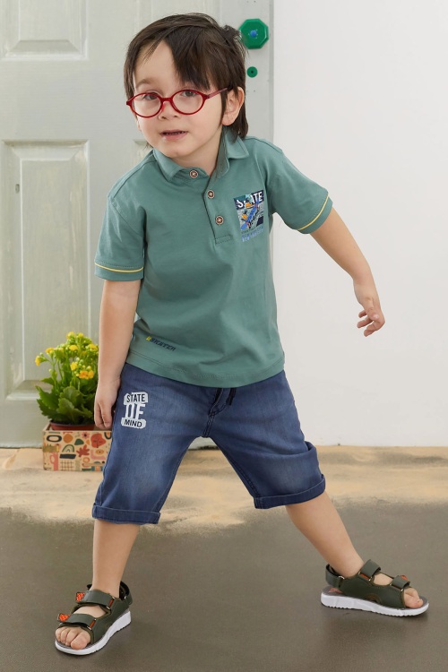 Yeşil Skate Baskılı Polo Yaka Erkek Çocuk Jean Şortlu Takım 18746