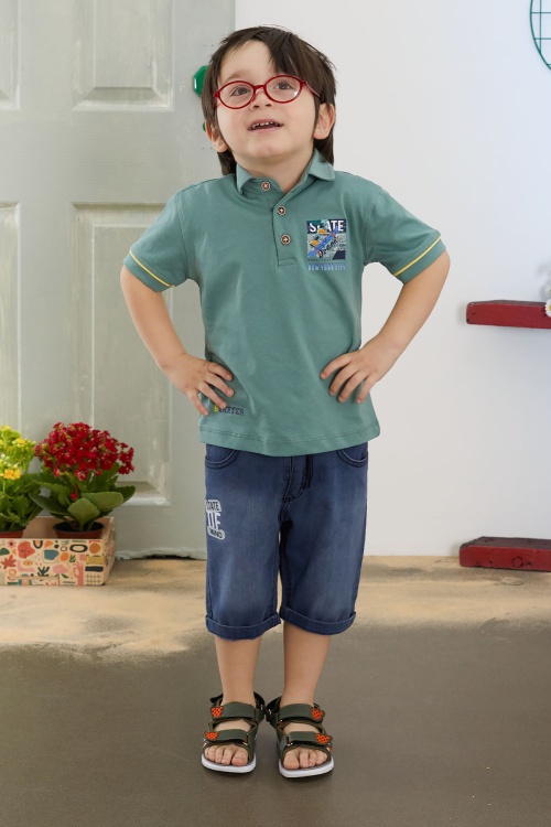 Yeşil Skate Baskılı Polo Yaka Erkek Çocuk Jean Şortlu Takım 18746