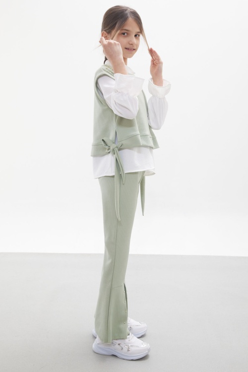 Yeşil Süveterli Gömlekli Boncuk Detaylı Yırtmaçlı Taytlı Kız Çocuk Takım 18091