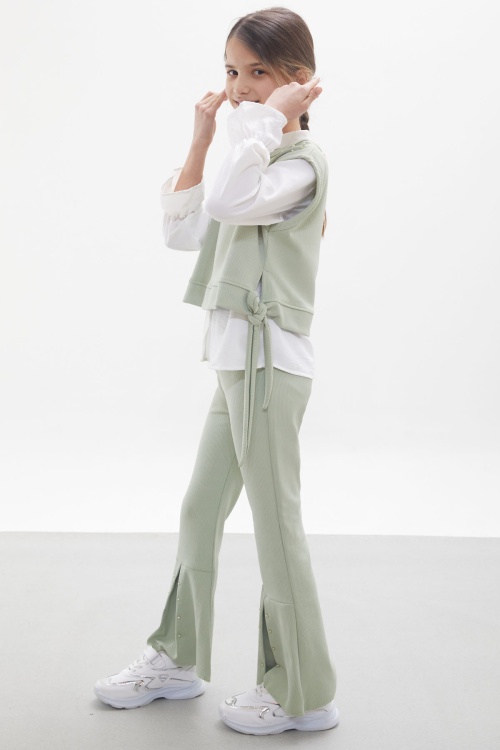 Yeşil Süveterli Gömlekli Boncuk Detaylı Yırtmaçlı Taytlı Kız Çocuk Takım 18091