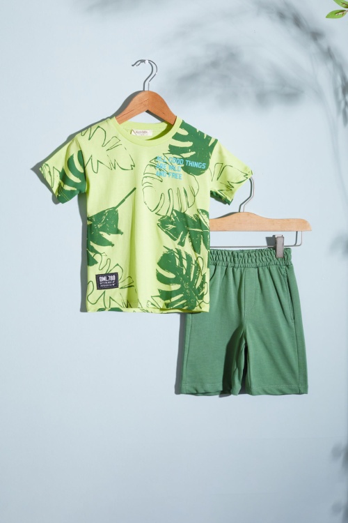 Yeşil Yaprak Baskılı Erkek Çocuk Şortlu Takım 18534