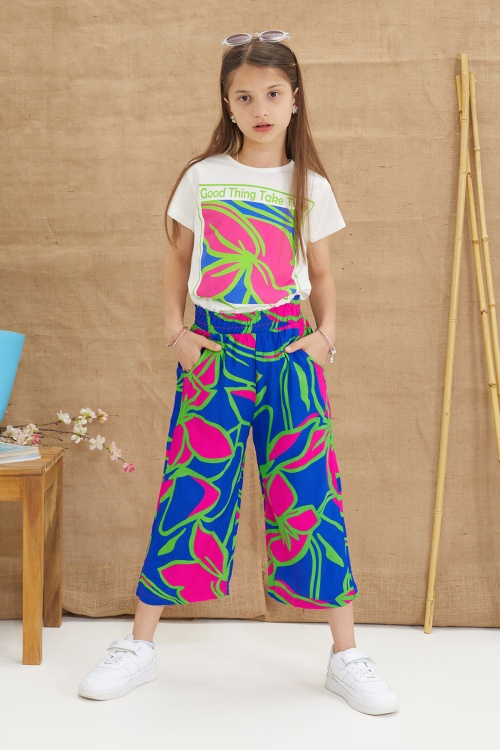 Yeşil Yaprak Baskılı Tişörtlü Pantolonlu Kız Çocuk Alt Üst Takım 18644