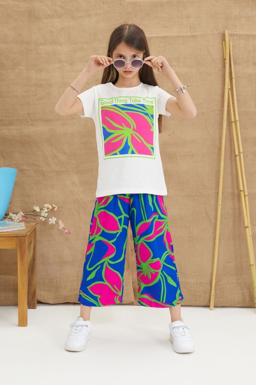 Yeşil Yaprak Baskılı Tişörtlü Pantolonlu Kız Çocuk Alt Üst Takım 18644