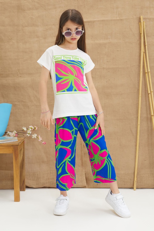 Yeşil Yaprak Baskılı Tişörtlü Pantolonlu Kız Çocuk Alt Üst Takım 18644