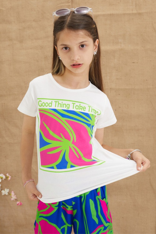 Yeşil Yaprak Baskılı Tişörtlü Pantolonlu Kız Çocuk Alt Üst Takım 18644