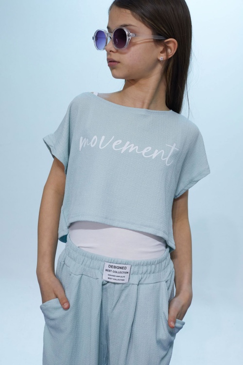 Yeşil Yazılı Croplu Büstiyerli Kız Çocuk Pantolonlu Takım 18434