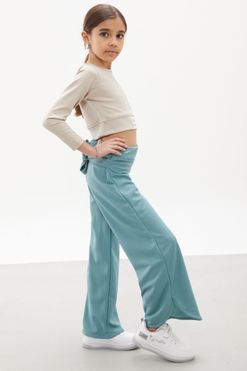 Yeşil Yırtmaçlı Paça Kuşaklı Viskon Kumaş Kız Pantolon 18103