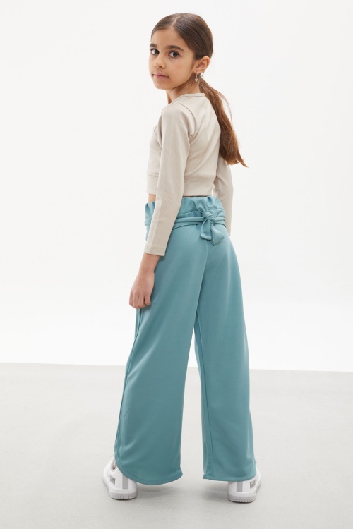 Yeşil Yırtmaçlı Paça Kuşaklı Viskon Kumaş Kız Pantolon 18103