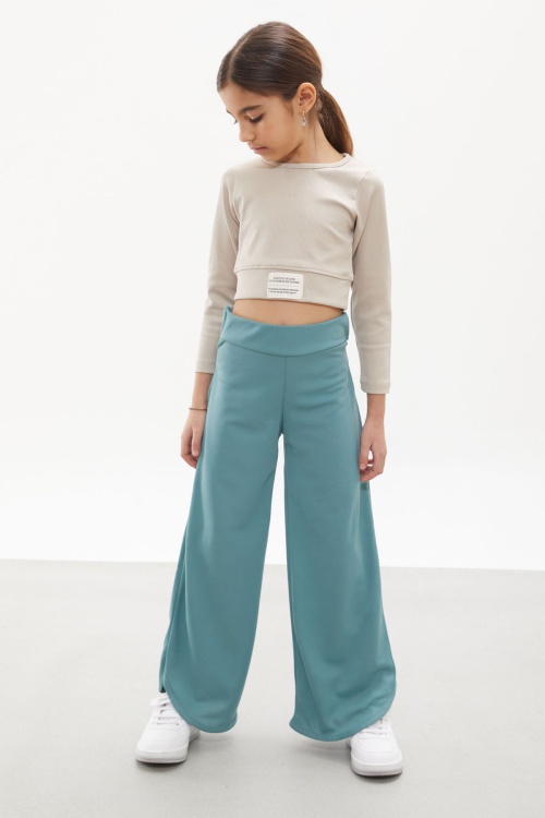 Yeşil Yırtmaçlı Paça Kuşaklı Viskon Kumaş Kız Pantolon 18103