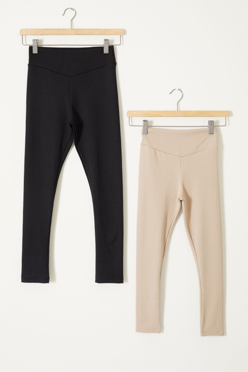 Yüksek Bel 2li Fitilli Kız Çocuk Tayt Siyah-Bej 18081