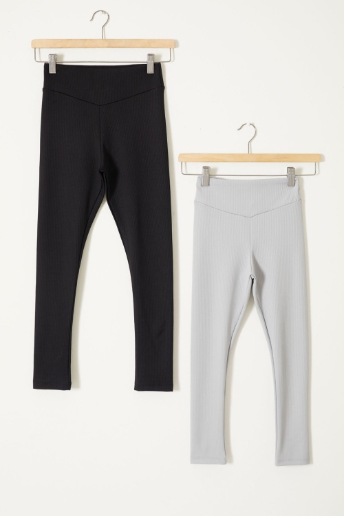 Yüksek Bel 2li Fitilli Kız Çocuk Tayt Siyah-Gri 18080
