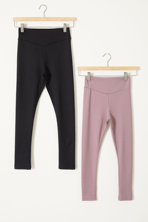 Yüksek Bel 2li Fitilli Kız Çocuk Tayt Siyah-Somon 18082