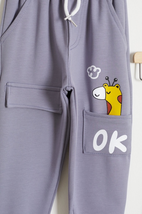 Zürafa Baskılı Cep Detaylı Erkek Çocuk 2li Eşofman Altı Gri-Mavi 18386