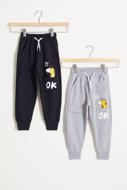 Zürafa Baskılı Cep Detaylı Erkek Çocuk 2li Eşofman Altı Gri-Lacivert 18384