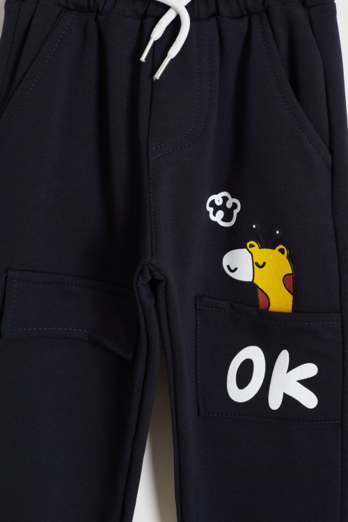 Zürafa Baskılı Cep Detaylı Erkek Çocuk 2li Eşofman Altı Lacivert-Koyu Gri 18387