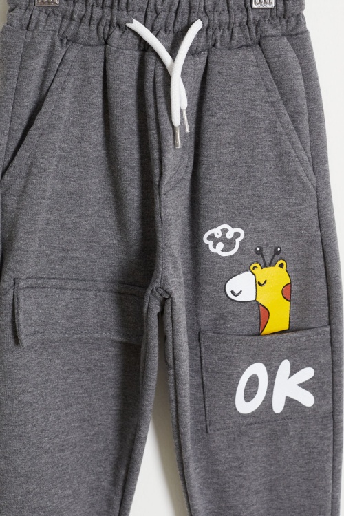 Zürafa Baskılı Cep Detaylı Erkek Çocuk 2li Eşofman Altı Lacivert-Koyu Gri 18387