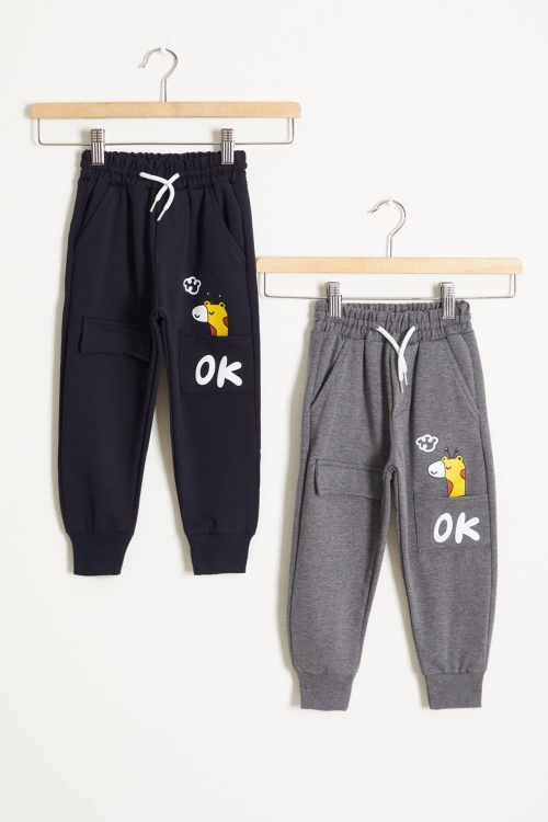 Zürafa Baskılı Cep Detaylı Erkek Çocuk 2li Eşofman Altı Lacivert-Koyu Gri 18387