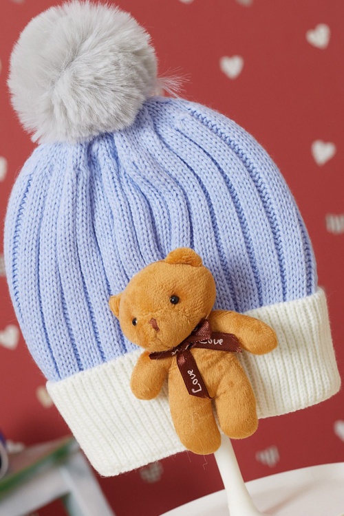 Açık Mavi Sevimli Ayıcıklı Renkli Ponponlu Çocuk Bere 17242