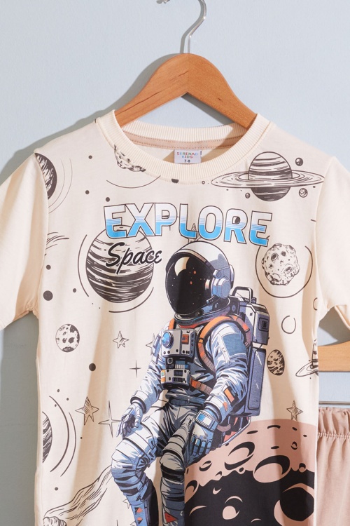 Bej Astronot Uzay Temalı Erkek Çocuk Şortlu Takım 18892