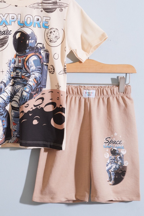 Bej Astronot Uzay Temalı Erkek Çocuk Şortlu Takım 18892