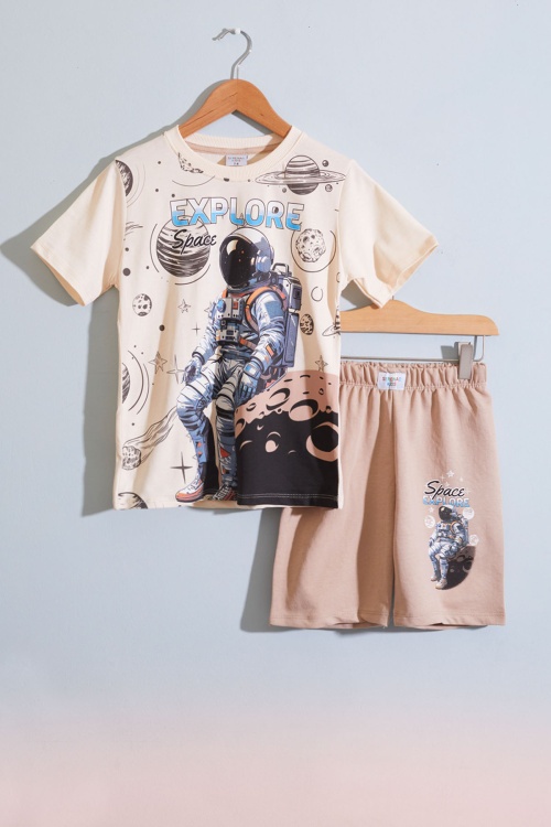 Bej Astronot Uzay Temalı Erkek Çocuk Şortlu Takım 18892