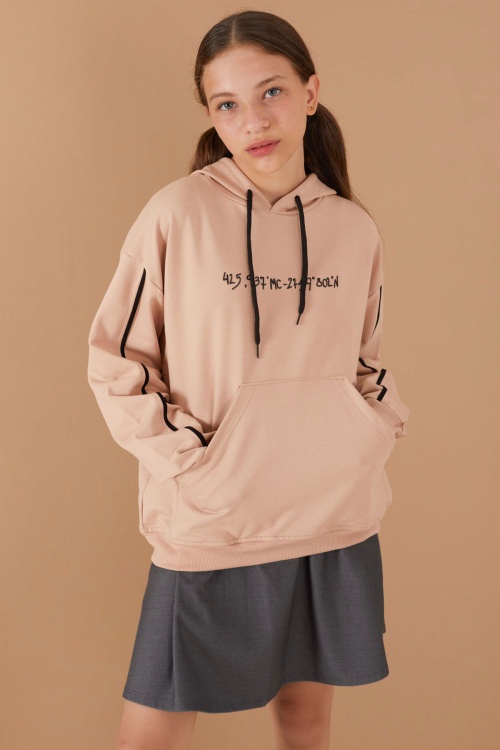 Bej Baskılı Kız Çocuk Şeritli Kapüşonlu Sweatshirt 19220