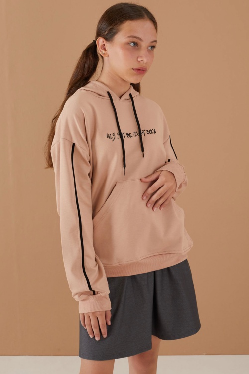 Bej Baskılı Kız Çocuk Şeritli Kapüşonlu Sweatshirt 19220