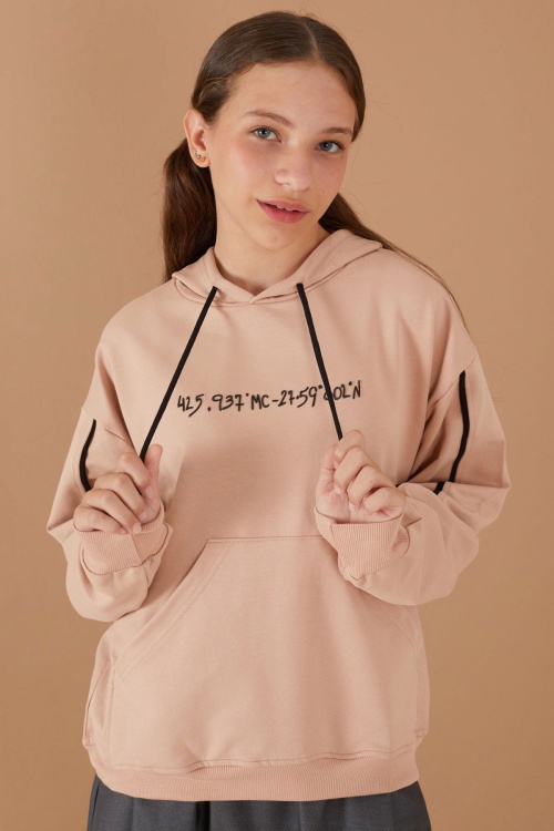Bej Baskılı Kız Çocuk Şeritli Kapüşonlu Sweatshirt 19220