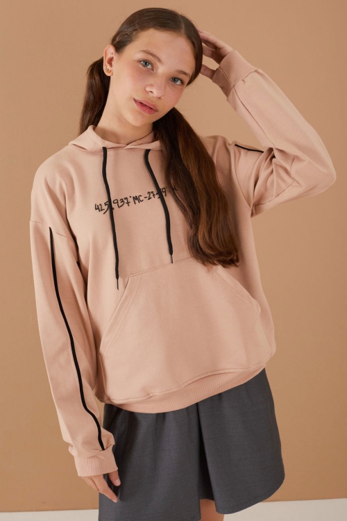 Bej Baskılı Kız Çocuk Şeritli Kapüşonlu Sweatshirt 19220
