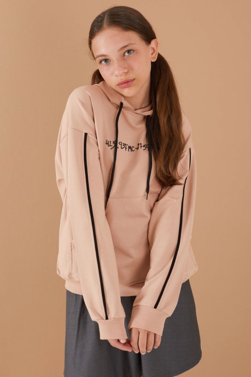 Bej Baskılı Kız Çocuk Şeritli Kapüşonlu Sweatshirt 19220