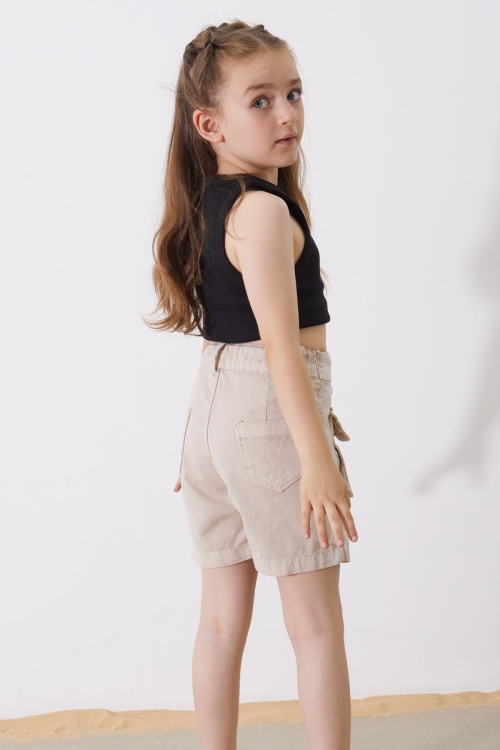 Bej Düğmeli Cepli Kız Çocuk Jean Şort Etek 18887