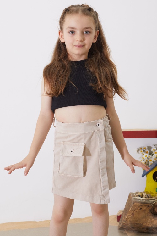 Bej Düğmeli Cepli Kız Çocuk Jean Şort Etek 18887