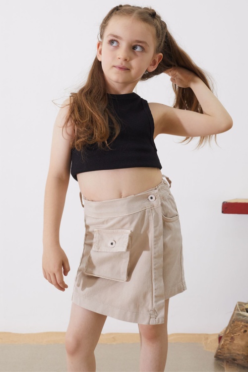 Bej Düğmeli Cepli Kız Çocuk Jean Şort Etek 18887