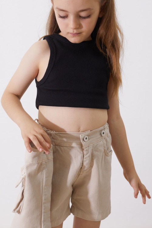 Bej Düğmeli Cepli Kız Çocuk Jean Şort Etek 18887