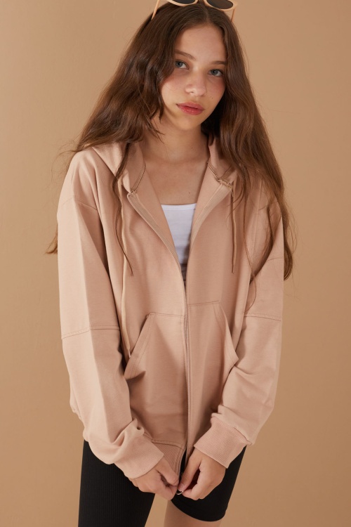 Bej Fermuarlı Basic Kız Çocuk Kapüşonlu Okul Hırkası 19202