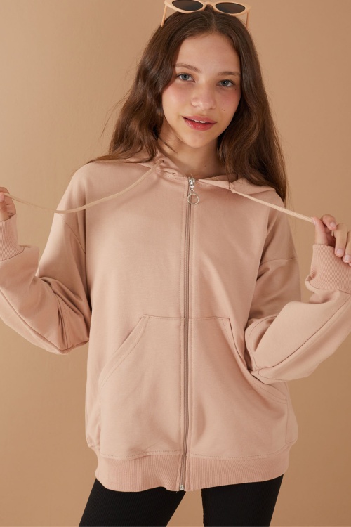 Bej Fermuarlı Basic Kız Çocuk Kapüşonlu Okul Hırkası 19202